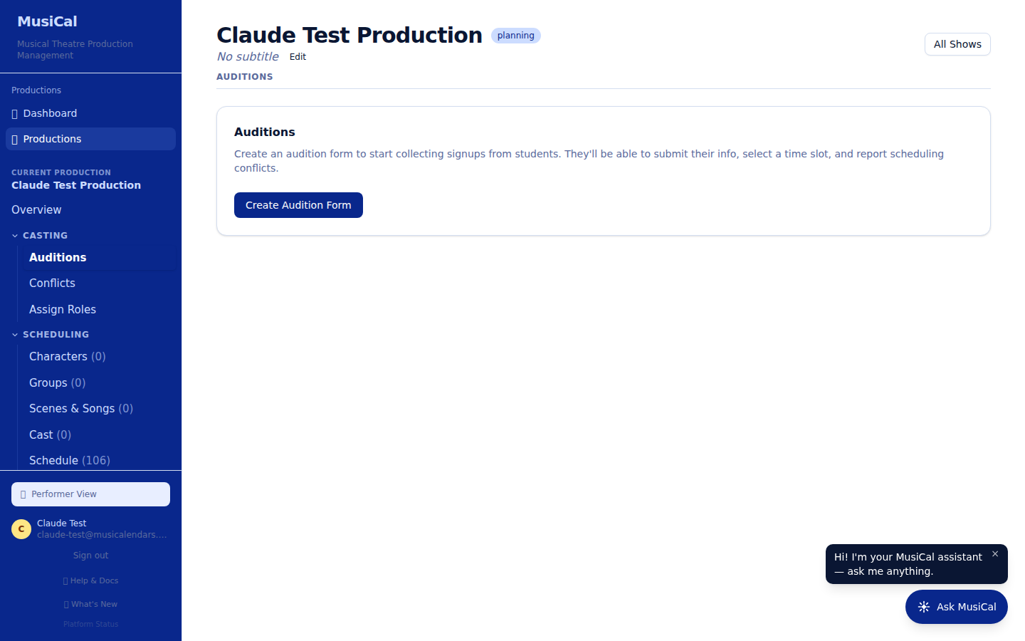 The Auditions tab of a production, showing the form builder, the submissions list with scoring, and the slot scheduler