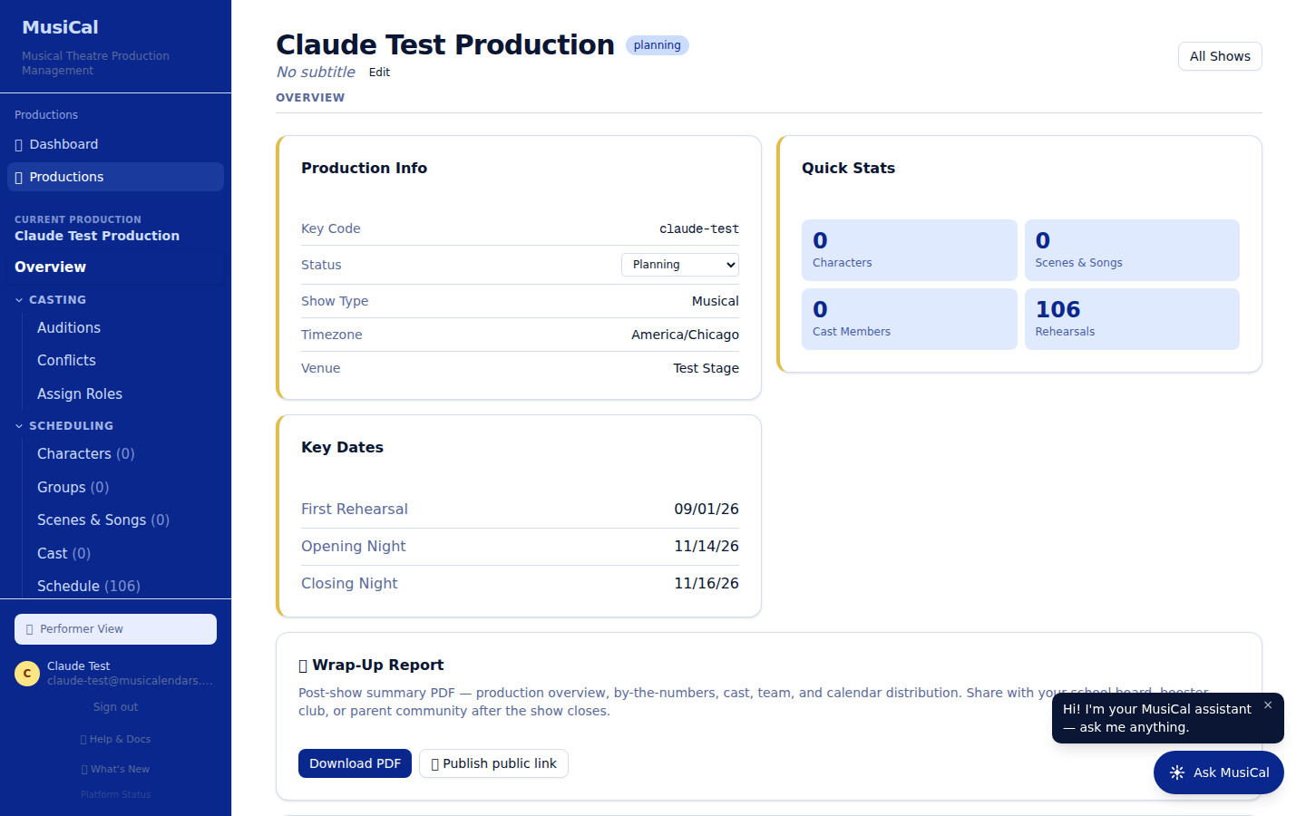 A new production's overview page in MusiCal, showing the tabs along the top — Overview, Cast, Scenes, Schedule, Auditions, Messages, Playbill, Attendance — and quick stats for the show