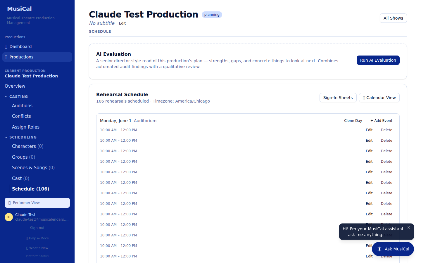 The Schedule tab of a production, showing rehearsals with their types, scenes worked, and the performers automatically called to each